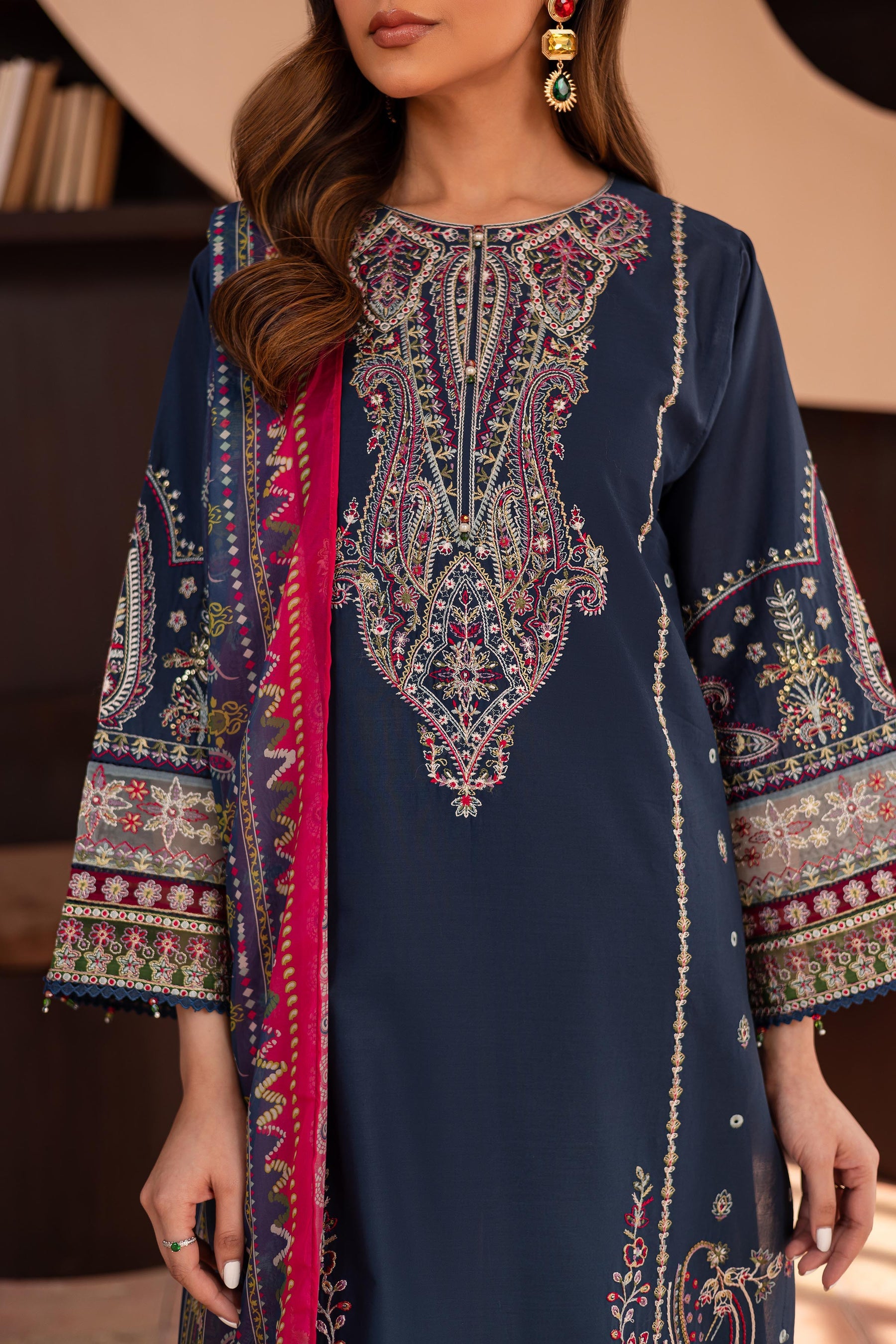 BATIK-3PC DHANAK SEQUENCE EMBROIDERED SHIRT WITH COUTRAI PRINTED SHAWL & DHANAK EMB TOUSER-BIC-4179