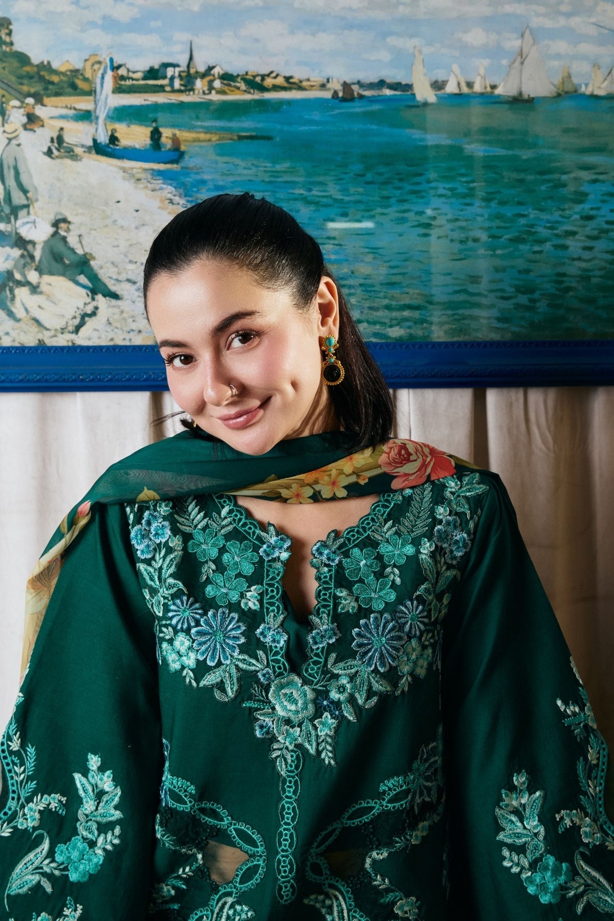 MARYAM HUSSAIN-3PC DHANAK CHIKAN EMBROIDERED SHIRT WITH COUTRAI PRINTED SHAWL AND TROUSER-BIC-5300
