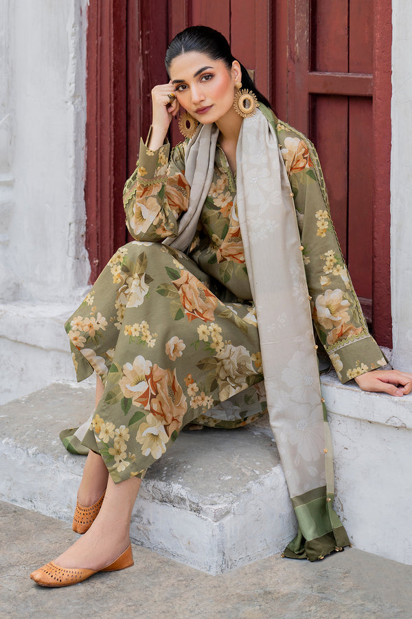 BAROUQE-3PC KARANDI PRINTED SHIRT WITH KARANDI PRINTED DUPATTA AND TROUSER-BIC-2579