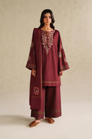 IZNIK-3PC DHANAK EMBROIDERED SHIRT WITH DHANAK EMBROIDERED SHAWL AND EMB TROUSER -BIC-5164