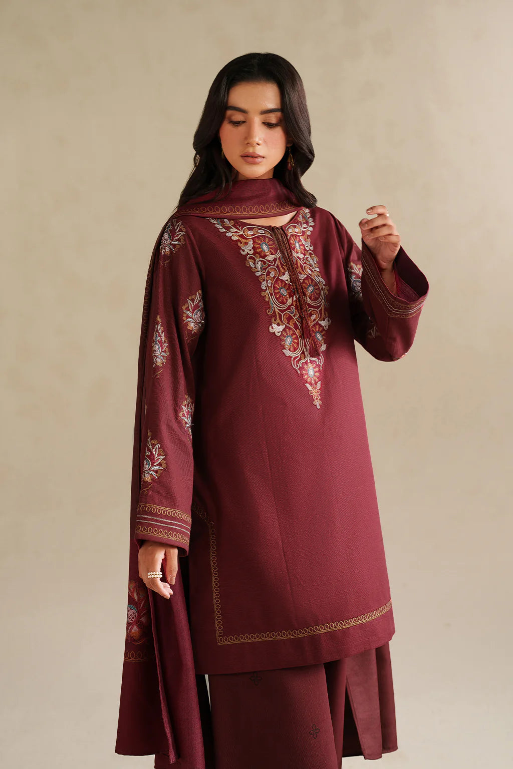 IZNIK-3PC DHANAK EMBROIDERED SHIRT WITH DHANAK EMBROIDERED SHAWL AND EMB TROUSER -BIC-5164