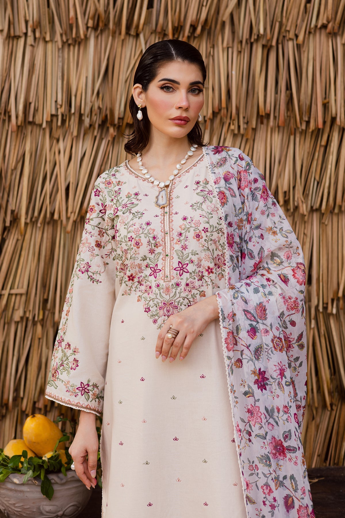 BATIK-3PC DHANAK EMBROIDERED SHIRT WITH WOOL PRINTED SHAWL AND EMB TROUSER -BIC-5040