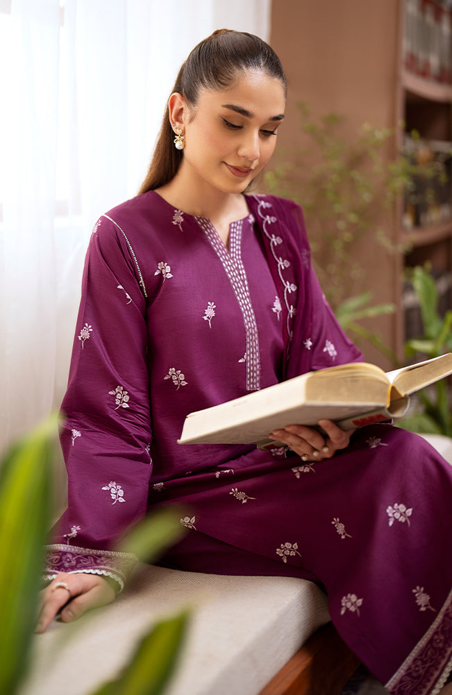 SERAN-3PC DHANAK EMBROIDRED SHIRT WITH DHANAK EMBROIDRED SHAWL AND TROUSER-BIC-