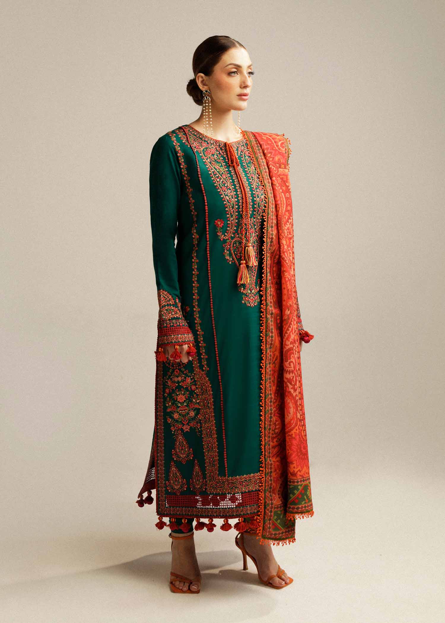 HUSSAIN REHAR-3PC DHANAK EMBROIDERED SHIRT WITH COURTRAI PRINTED SHAWL AND TROUSER-BIC-