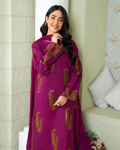 SAPPHIRE-3PC DHANAK EMBROIDERED SHIRT WITH DHANAK EMBROIDERED SHAWL AND TROUSER-BIC-4232