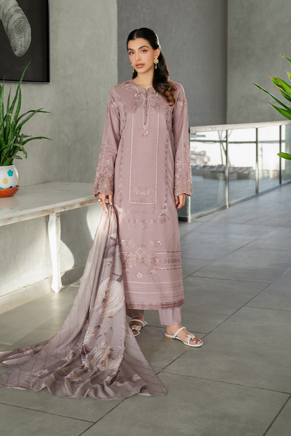 IZNIK-3PC DHANAK EMBROIDERED SHIRT WITH COUTRAI PRINTED SHAWL AND TROUSER-BIC-4114