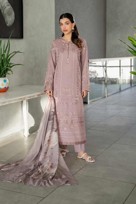 IZNIK-3PC DHANAK EMBROIDERED SHIRT WITH COUTRAI PRINTED SHAWL AND TROUSER-BIC-4114