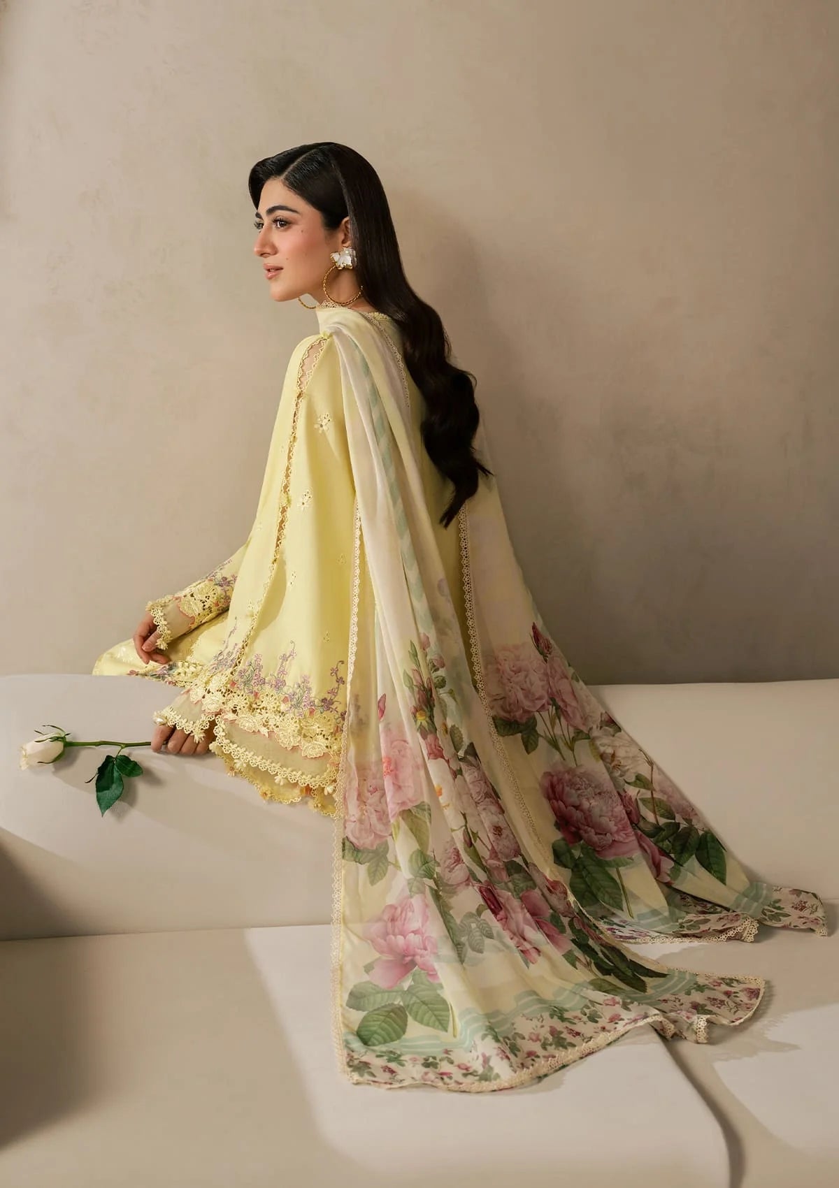 ELAF-3PC DHANAK EMBROIDERED SHIRT WITH COUTRAI PRINTED SHAWL AND TROUSER-BIC-5221