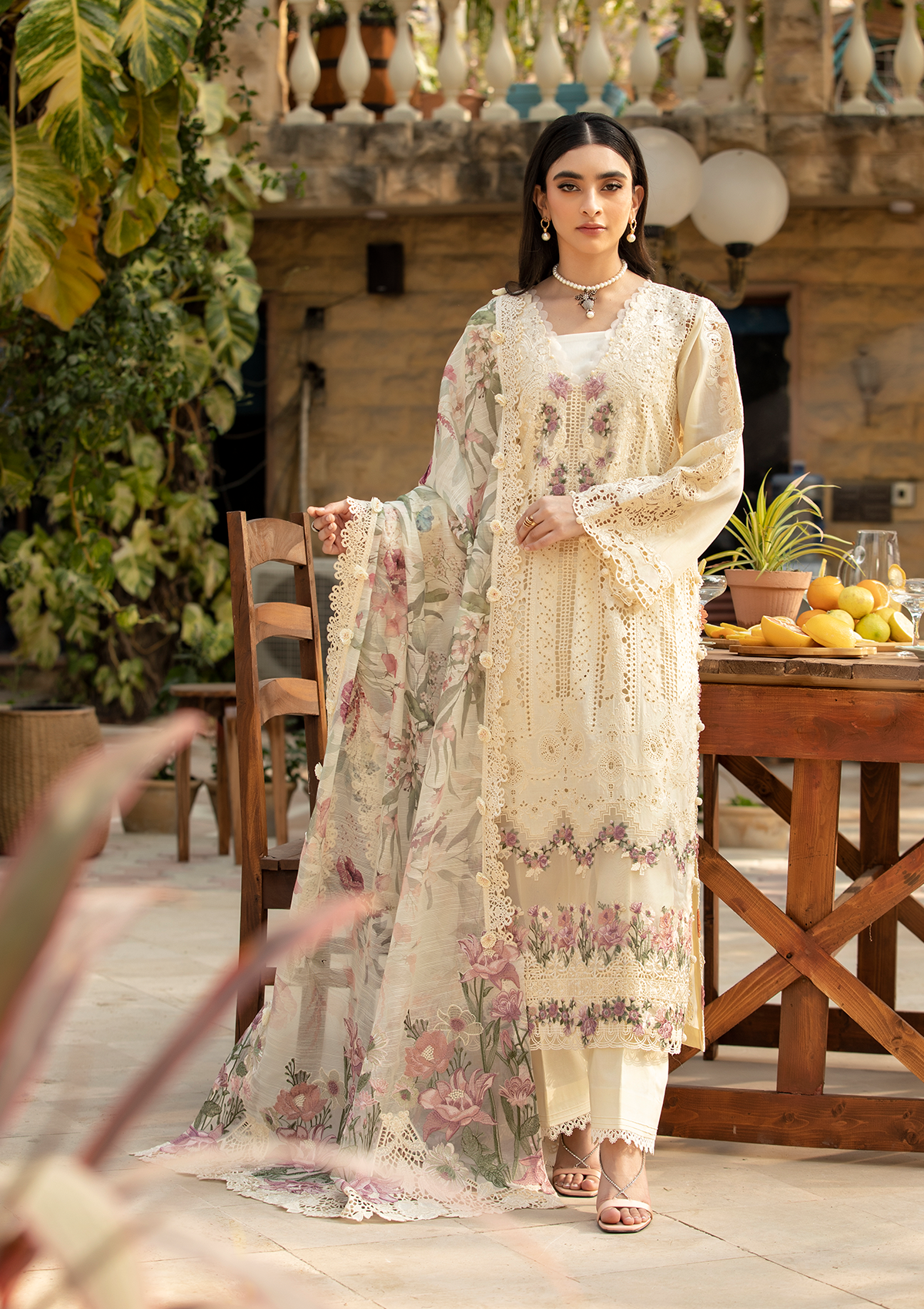 ELAF-3PC LAWN CHIKANKARI EMBROIDERED SHIRT WITH CHIFFON PRINTED DUPATTA AND TROUSER-BIC-4771