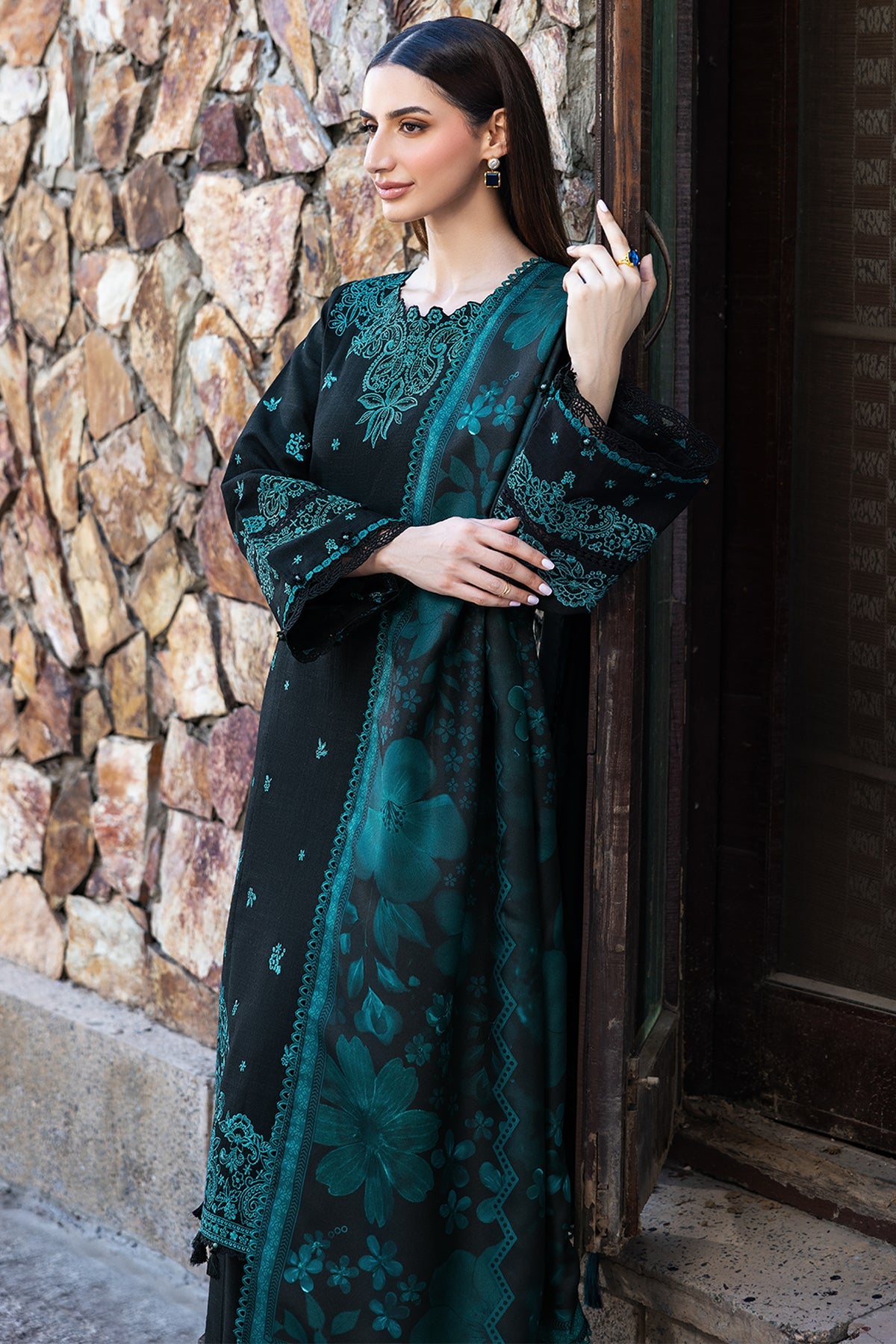 BATIK-3PC KHADDAR EMBROIDERED SHIRT WITH COURTRAI PRINTED SHAWL AND TROUSER-BIC-4391