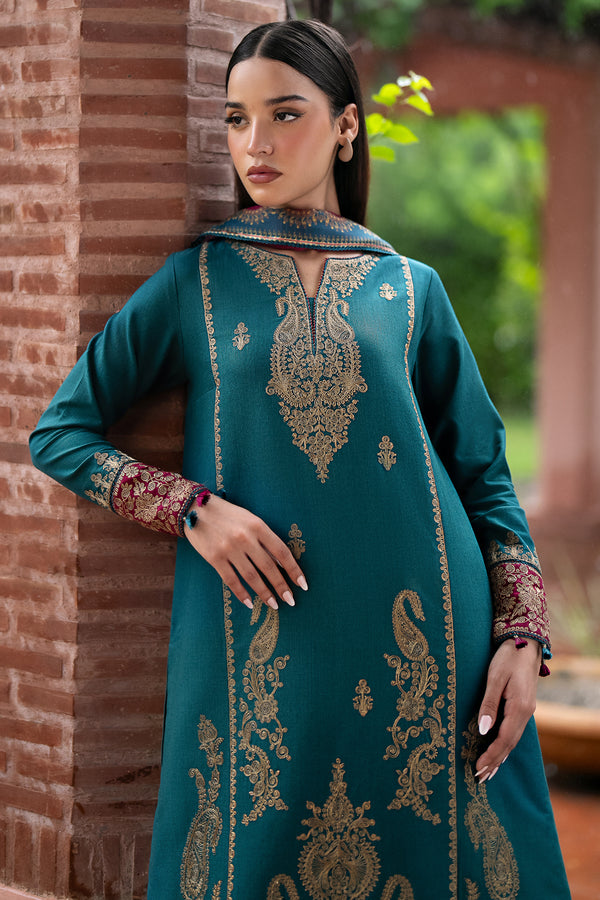 JAZMIN- 3PC DHANAK EMBROIDERED SHIRT WITH WOOL PRINT SHAWL AND TROUSER-BIC-3305-A