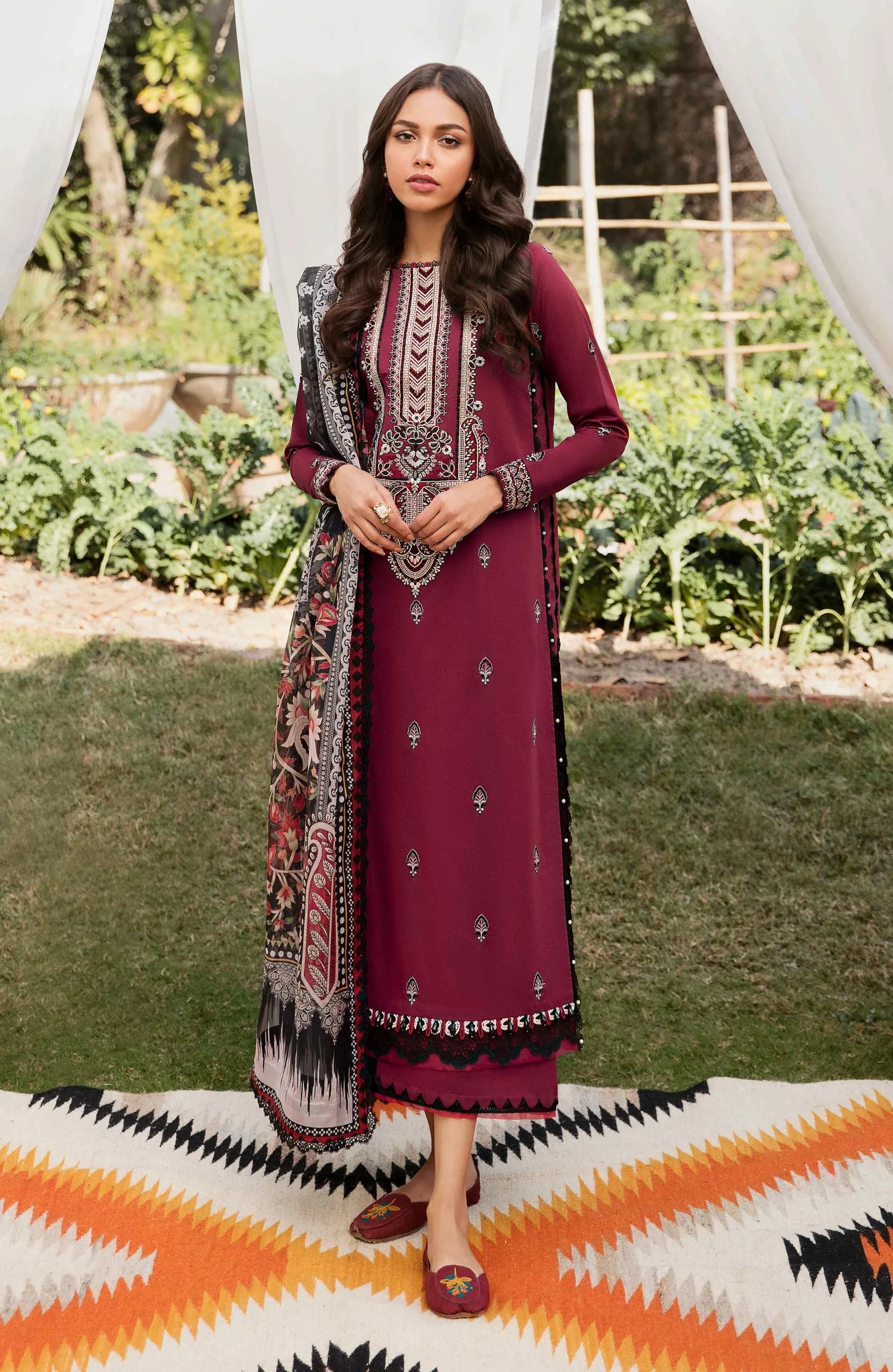 BATIK -3PC DHANAK EMBROIDERED SHIRT WITH COUTRAI WOOL PRINTED SHAWL & TROUSER-BIC-3120