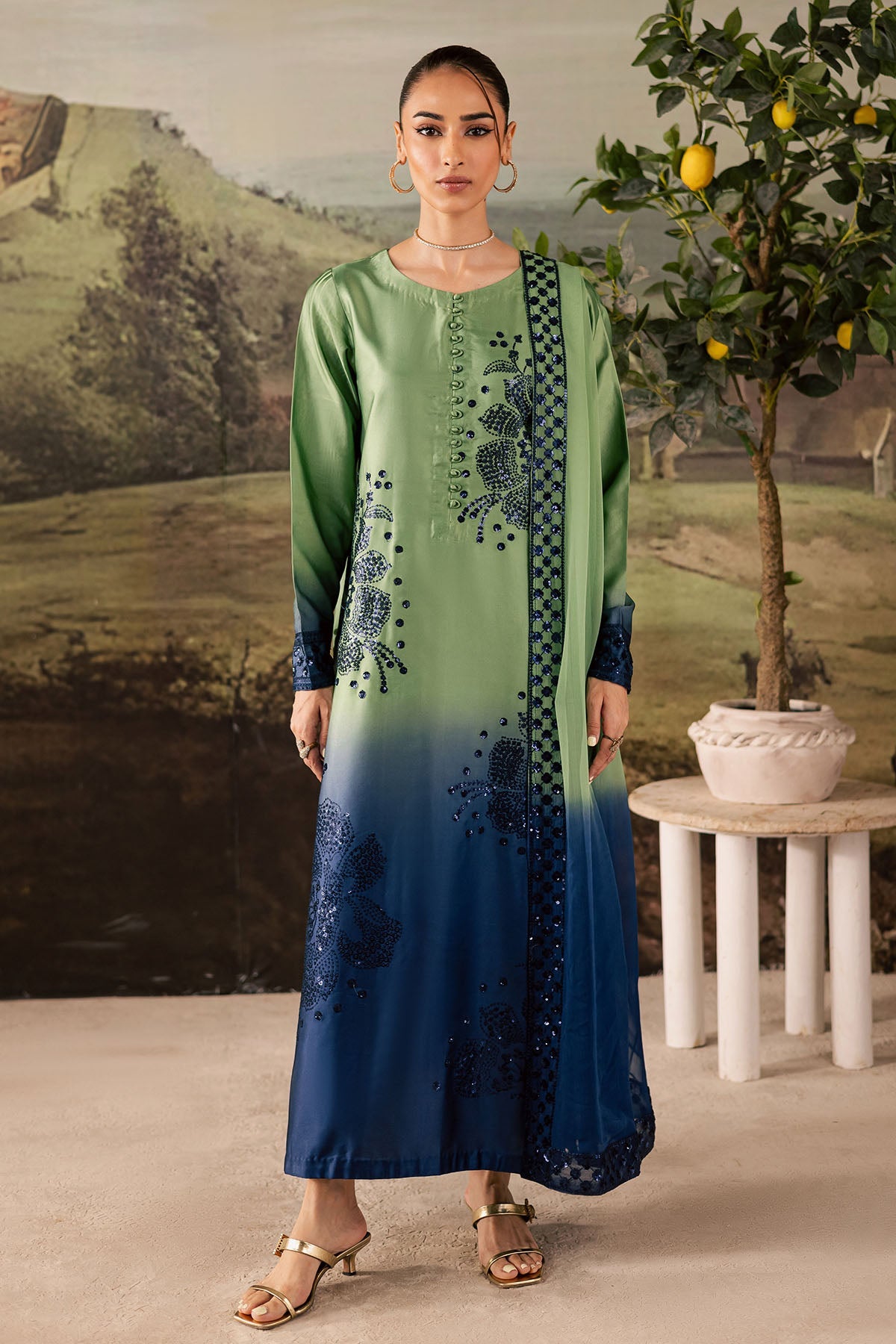 NUREH-3PC SHAMOZE SILK PRINTED EMBROIDERED SHIRT WITH SOFT SILK PRINTED EMB DUPATTA & TROUSER BIC-