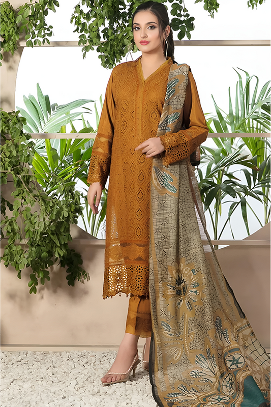 ZAINAB CHOTTANI-3PC CHIKANKAARI LAWN EMBROIDERED SHIRT WITH MONARK PRINT DUPATTA AND TROUSER-BIC-4052 MUSTERD