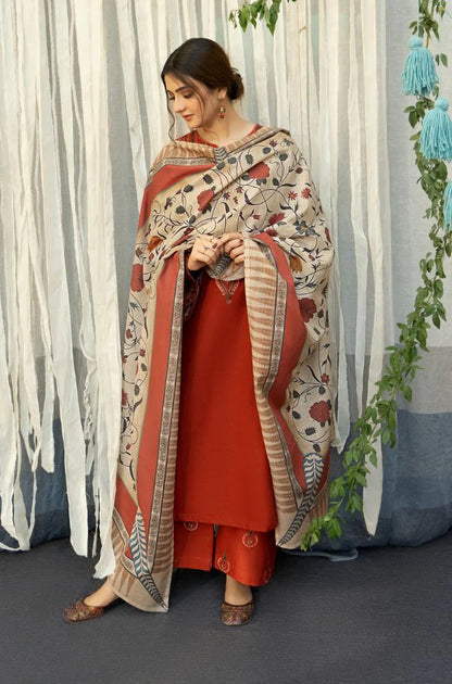 URGE - 3PC DHANAK EMBROIDERED SHIRT WITH COUTURE WOOL PRINT SHAWL AND TROUSER-BIC-2692