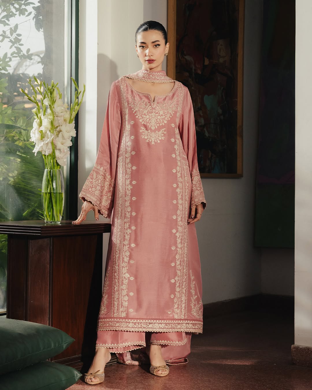 ZIVA-3PC RAW SILK EMBROIDERED SHIRT WITH SILK EMBROIDERED DUPATTA AND EMB TROUSER-BIC-5141