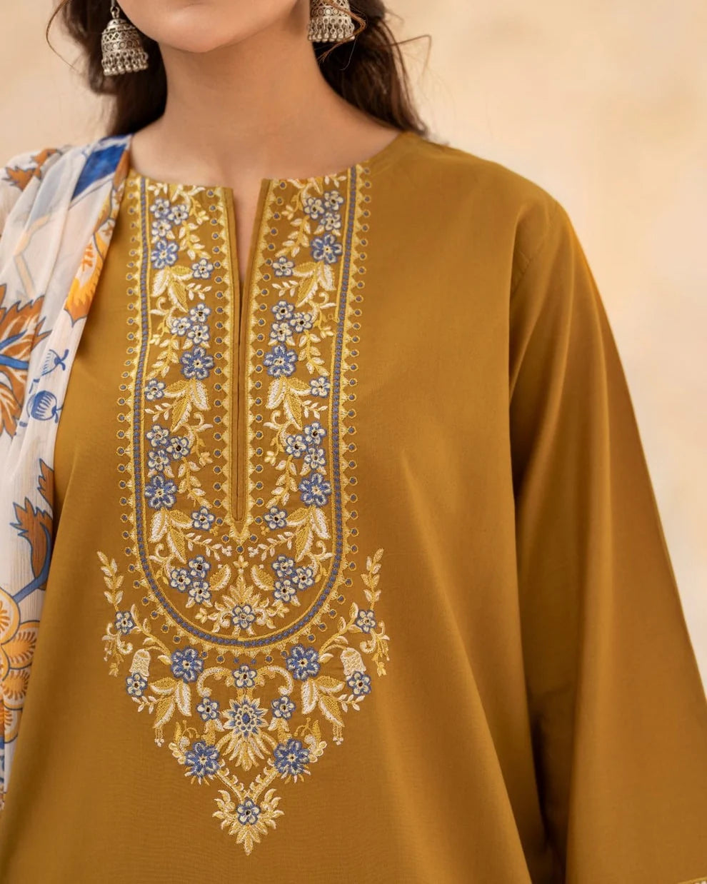 URGE-3PC DHANAK EMBROIDERED SHIRT WITH WOOL PRINT SHAWL AND EMB TROUSER-BIC-5070