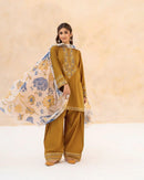 URGE-3PC DHANAK EMBROIDERED SHIRT WITH WOOL PRINT SHAWL AND EMB TROUSER-BIC-5070