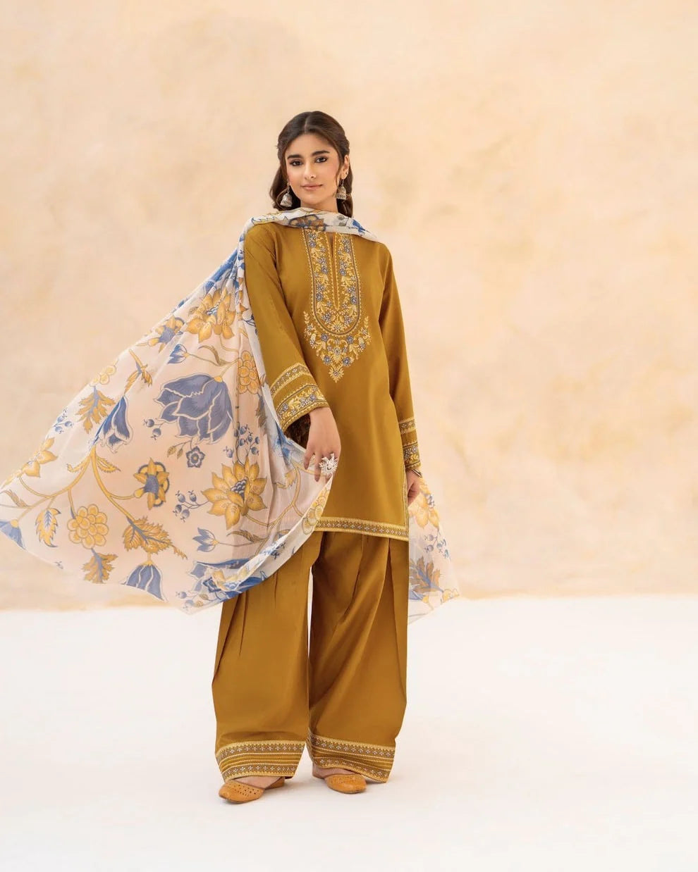URGE-3PC DHANAK EMBROIDERED SHIRT WITH WOOL PRINT SHAWL AND EMB TROUSER-BIC-5070