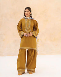 URGE-3PC DHANAK EMBROIDERED SHIRT WITH WOOL PRINT SHAWL AND EMB TROUSER-BIC-5070