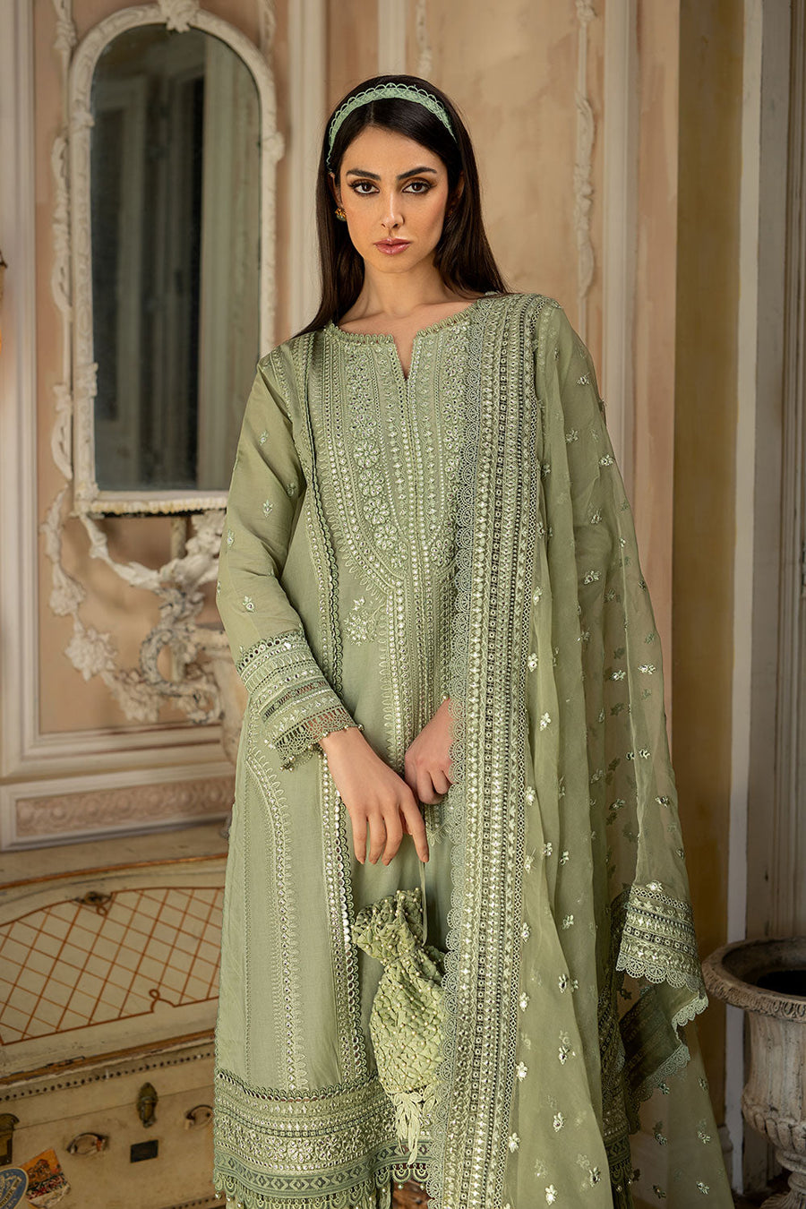SOBIA NAZIR-3PC LAWN SEQUIN HEAVY EMBROIDERED SHIRT WITH ORGANZA EMBROIDERED DUPATTA & TROUSER-BIC-4526