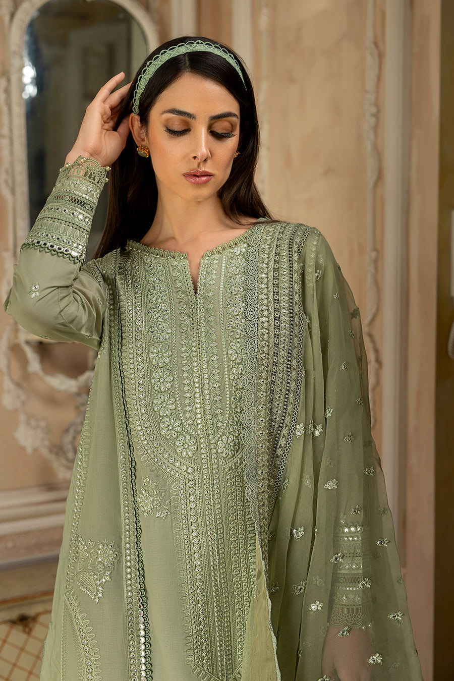 SOBIA NAZIR-3PC LAWN SEQUIN HEAVY EMBROIDERED SHIRT WITH ORGANZA EMBROIDERED DUPATTA & TROUSER-BIC-4526