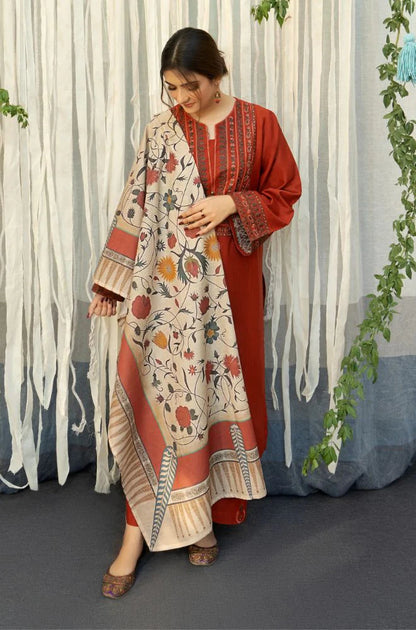 URGE - 3PC DHANAK EMBROIDERED SHIRT WITH COUTURE WOOL PRINT SHAWL AND TROUSER-BIC-2692