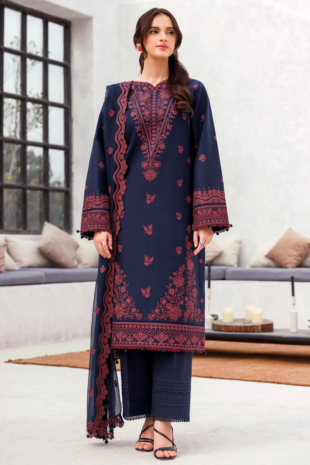 JAZMIN-3PC LAWN EMBROIDERED SHIRT WITH CHIFFON EMBROIDERED DUPATTA AND TROUSER-BIC-4611
