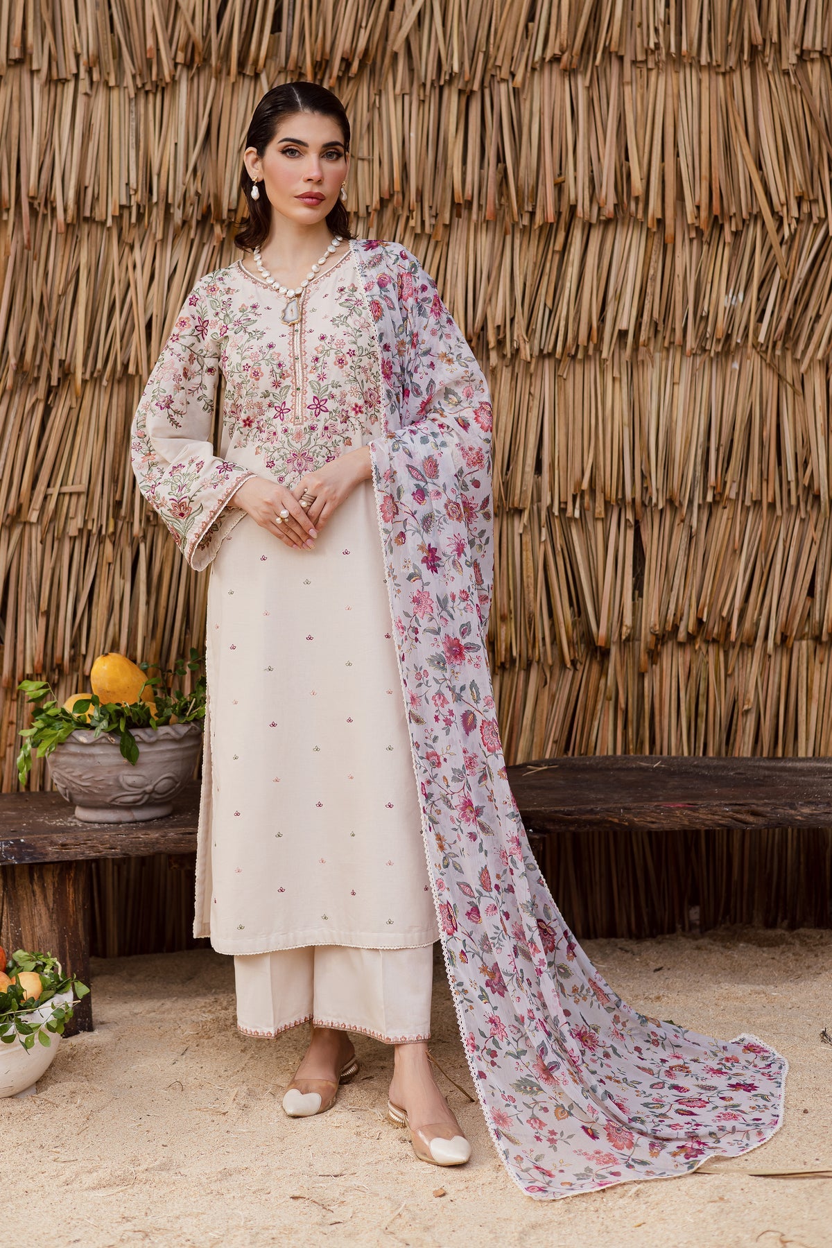 BATIK-3PC DHANAK EMBROIDERED SHIRT WITH WOOL PRINTED SHAWL AND EMB TROUSER -BIC-5040