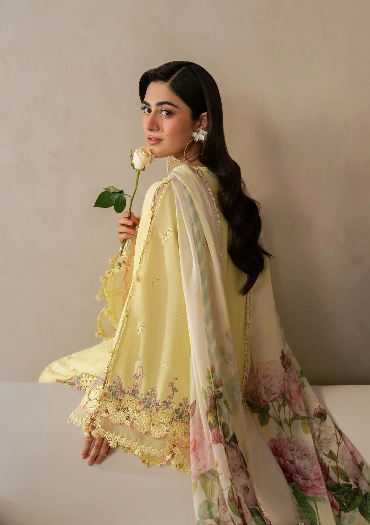 ELAF-3PC DHANAK EMBROIDERED SHIRT WITH COUTRAI PRINTED SHAWL AND TROUSER-BIC-5221