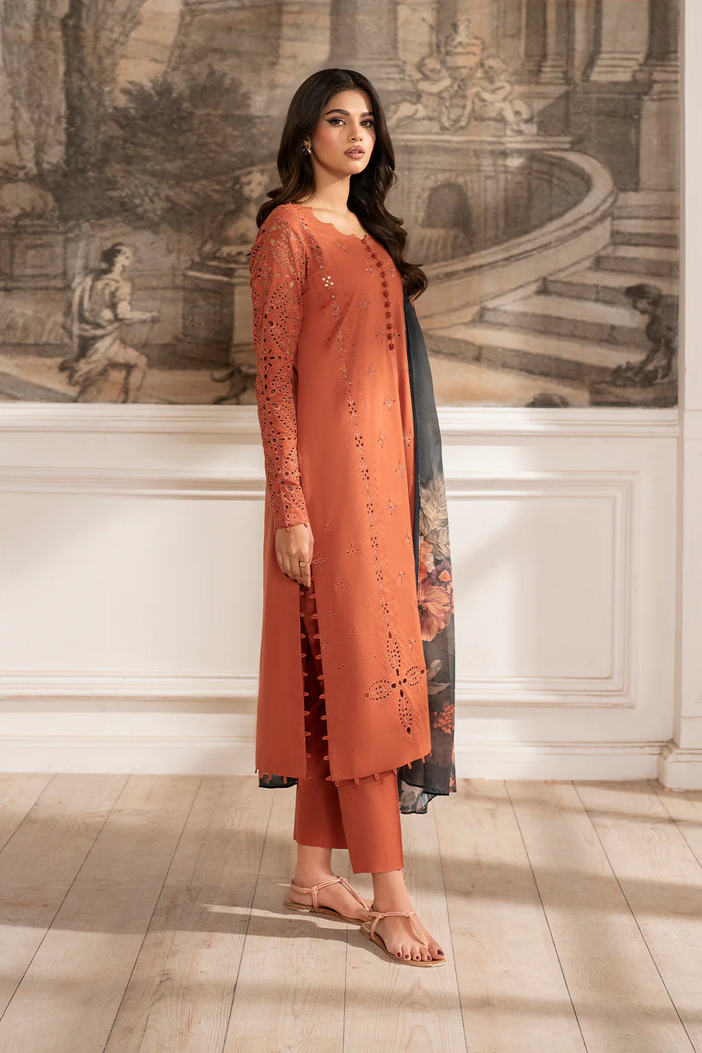 IZNIK-3PC DHANAK CHIKAN EMBROIDERED SHIRT WITH COURTRAI PRINTED SHAWL AND TROUSER BIC-4188