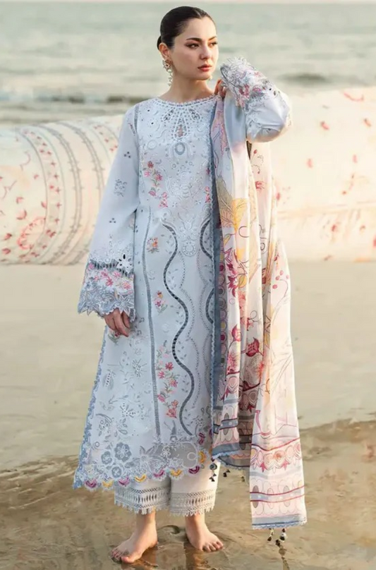 QALAMQAR - 3PC LAWN EMBROIDERED SHIRT WITH MONARK PRINTED DUPATTA AND TROUSER-BIC-3663