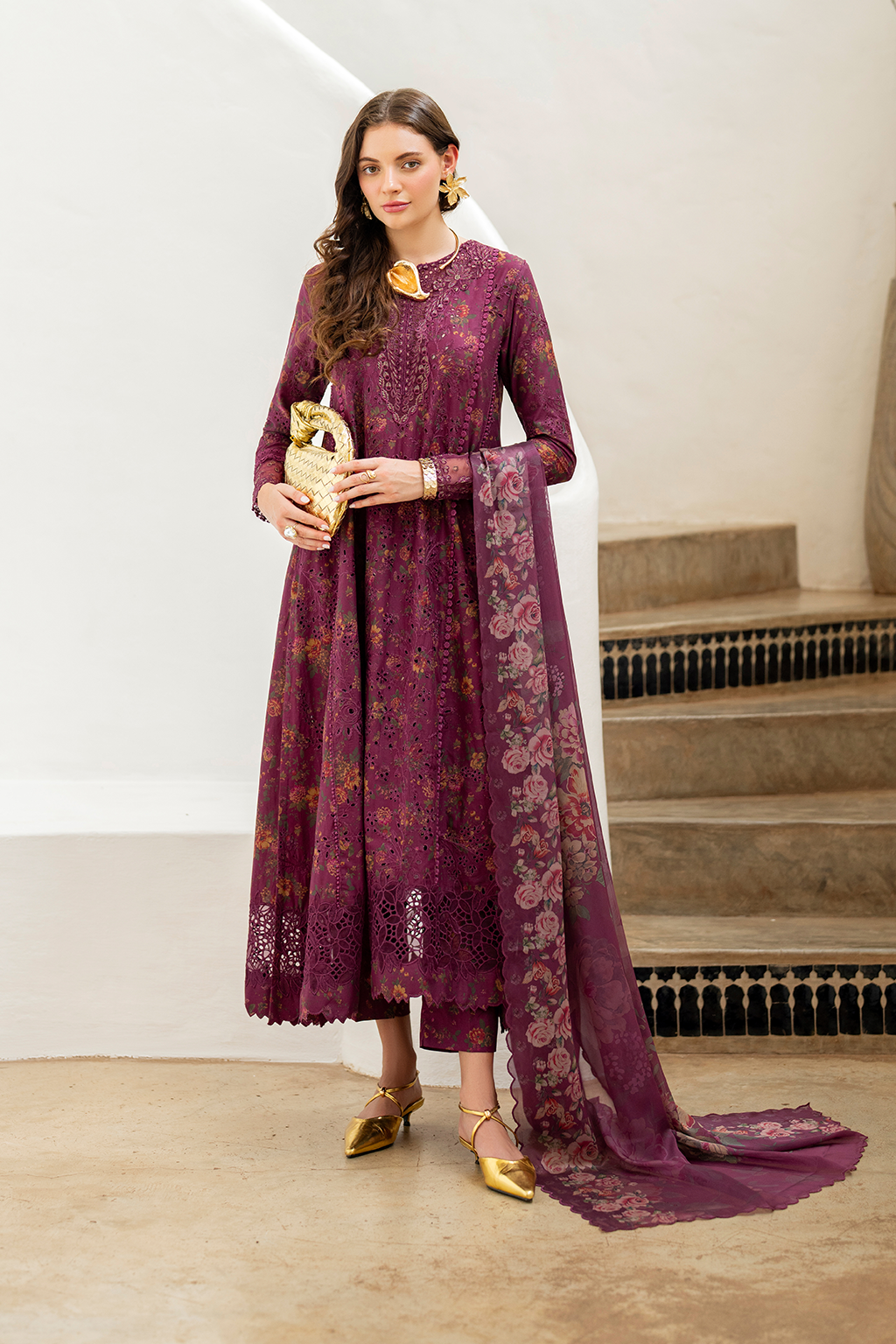 IZNIK-3PC LAWN PRINTED CHIKAN EMB FROCK WITH SILK PRINTED DUPATTA AND TROUSER-BIC-011