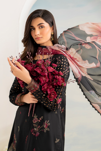 IZNIK- 3PC DHANAK EMBROIDERED SHIRT WITH COUTRAI PRINTED SHAWL AND EMB TROUSER-BIC-4137