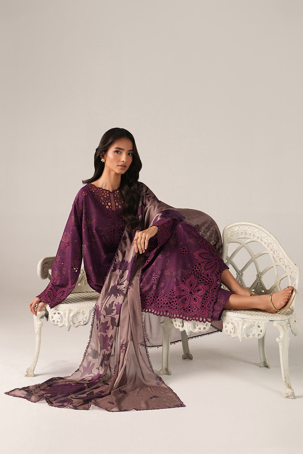 IZNIK-3PC LAWN CHIKANKARI EMB PRINTED SHIRT WITH SILK PRINTED DUPATTA AND PRINTED TROUSER-BIC-020