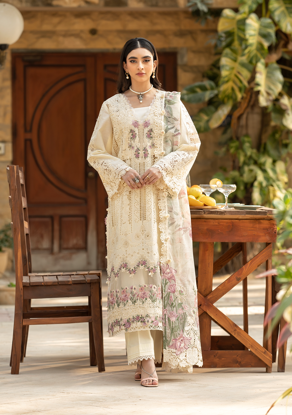 ELAF-3PC LAWN LASERCUT WORK EMBROIDERED SHIRT WITH CHIFOON PRINTED EMB DUPATTA AND  TROUSER-BIC-