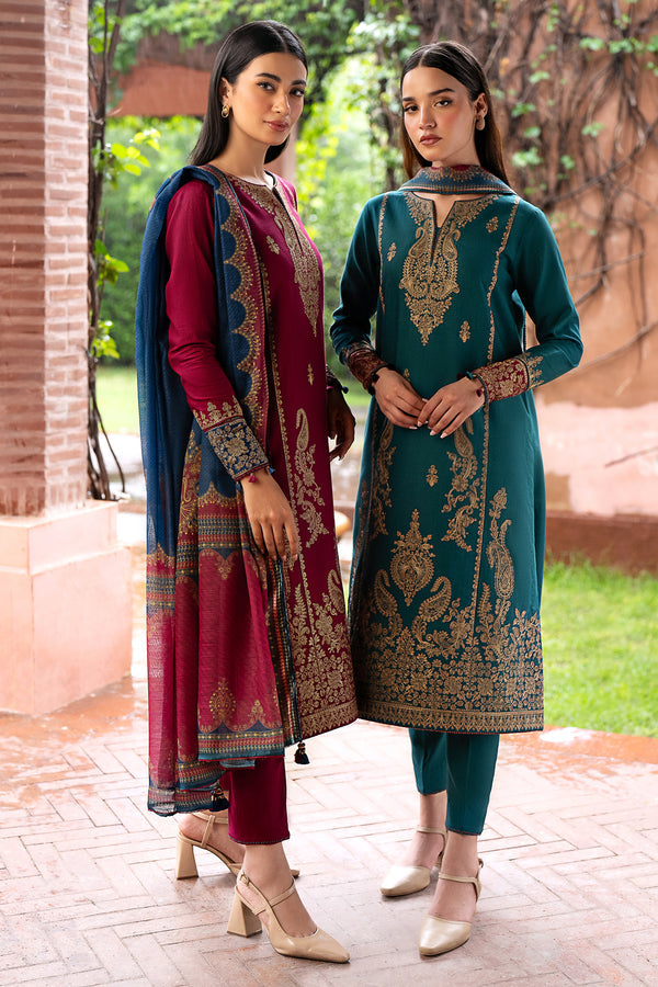 JAZMIN- 3PC DHANAK EMBROIDERED SHIRT WITH WOOL PRINT SHAWL AND TROUSER-BIC-3305-A