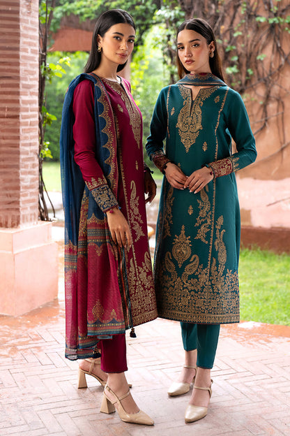 JAZMIN- 3PC DHANAK EMBROIDERED SHIRT WITH WOOL PRINT SHAWL AND TROUSER-BIC-3305-A