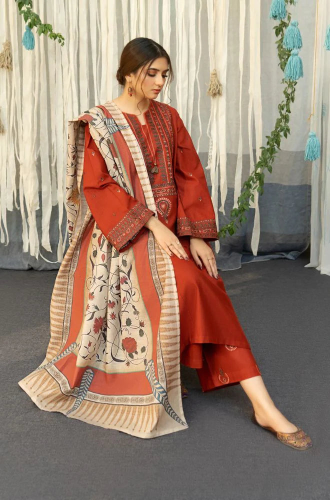 URGE - 3PC DHANAK EMBROIDERED SHIRT WITH COUTURE WOOL PRINT SHAWL AND TROUSER-BIC-2692