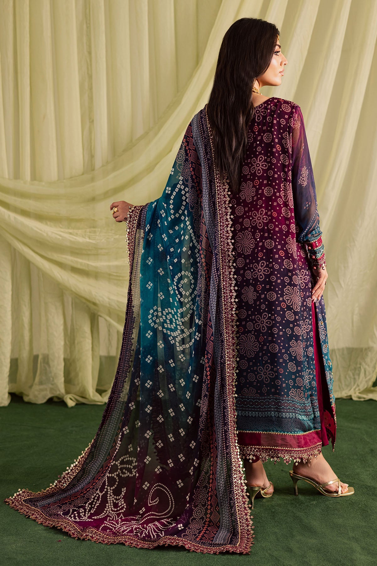 NUREH-3PC LAWN DIGITAL PRINTED EMBROIDERED SHIRT WITH CHUNRI PRINTED EMB DUPATTA AND DYED TROUSER-BIC-018