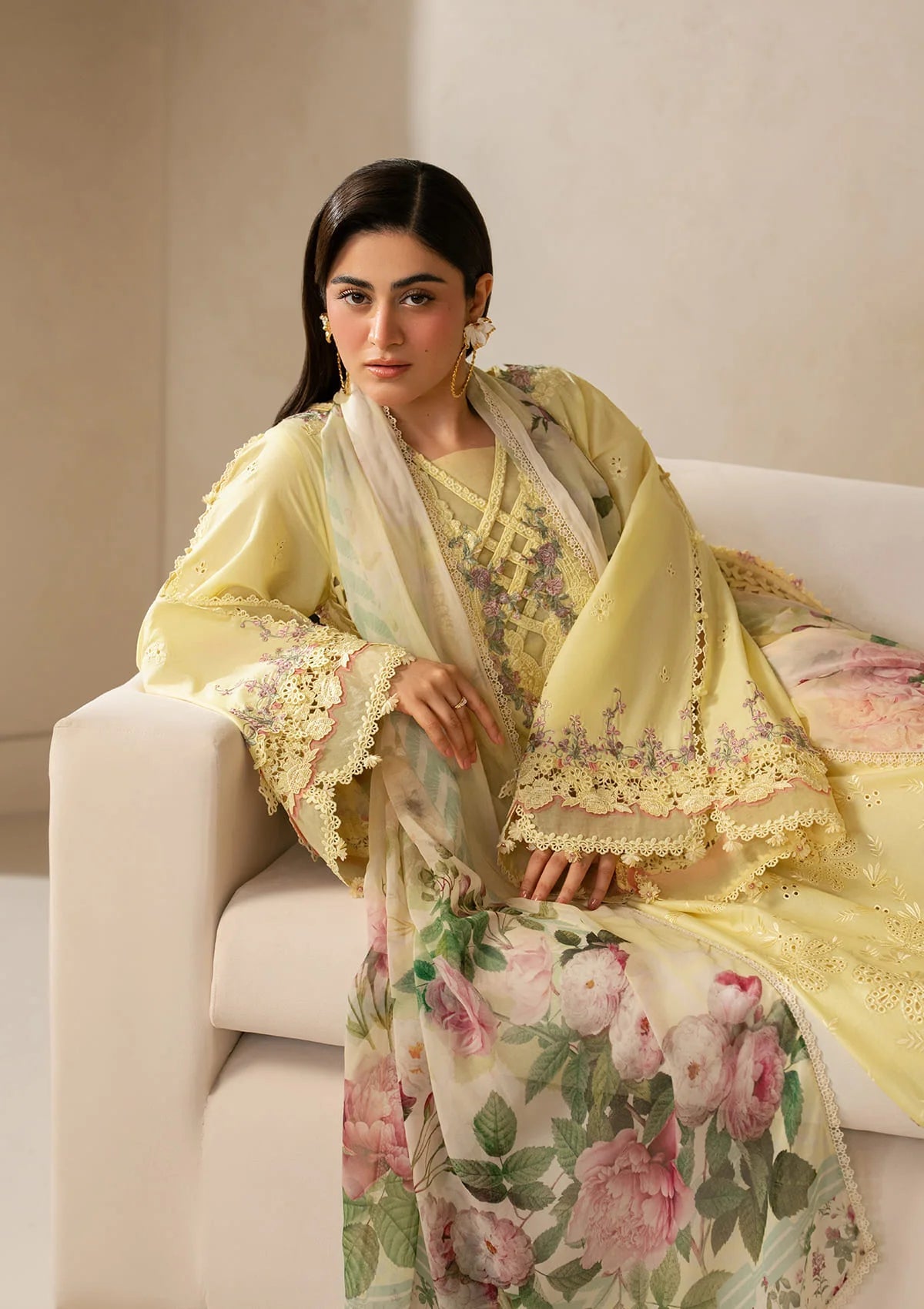 ELAF-3PC DHANAK EMBROIDERED SHIRT WITH COUTRAI PRINTED SHAWL AND TROUSER-BIC-5221