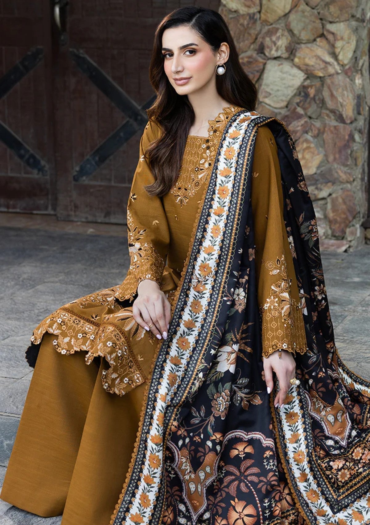 IZNIK-3PC DHANAK EMBROIDERED SHIRT WITH WOOL DIGITAL PRINT SHAWL AND TROUSER-BIC-5038
