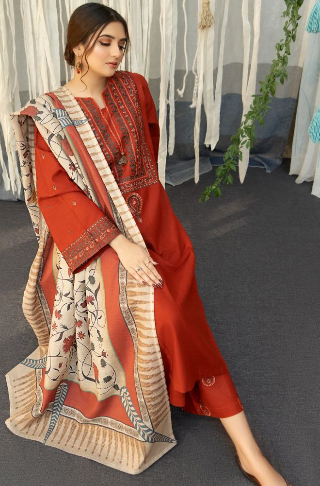 URGE - 3PC DHANAK EMBROIDERED SHIRT WITH COUTURE WOOL PRINT SHAWL AND TROUSER-BIC-2692