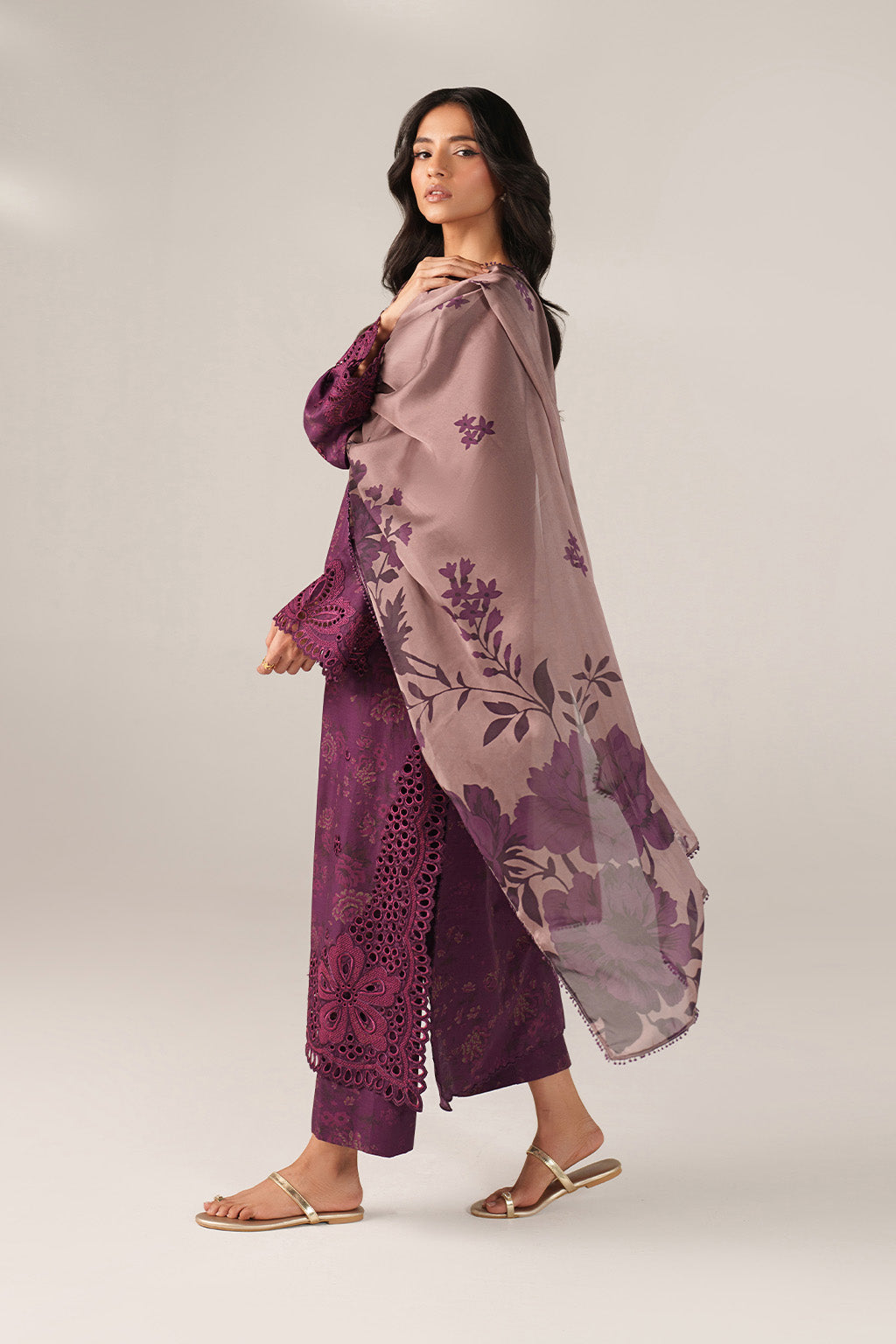 IZNIK-3PC LAWN CHIKANKARI EMB PRINTED SHIRT WITH SILK PRINTED DUPATTA AND PRINTED TROUSER-BIC-020