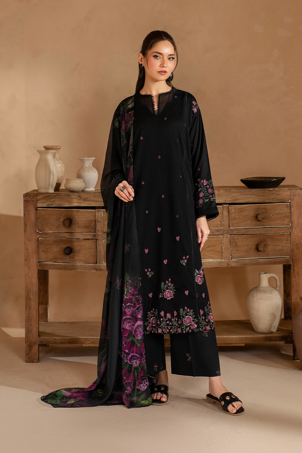 IZNIK-3PC DHANAK EMBROIDERED SHIRT WITH COUTRAI PRINTED SHAWL AND EMB TROUSER-BIC-5147