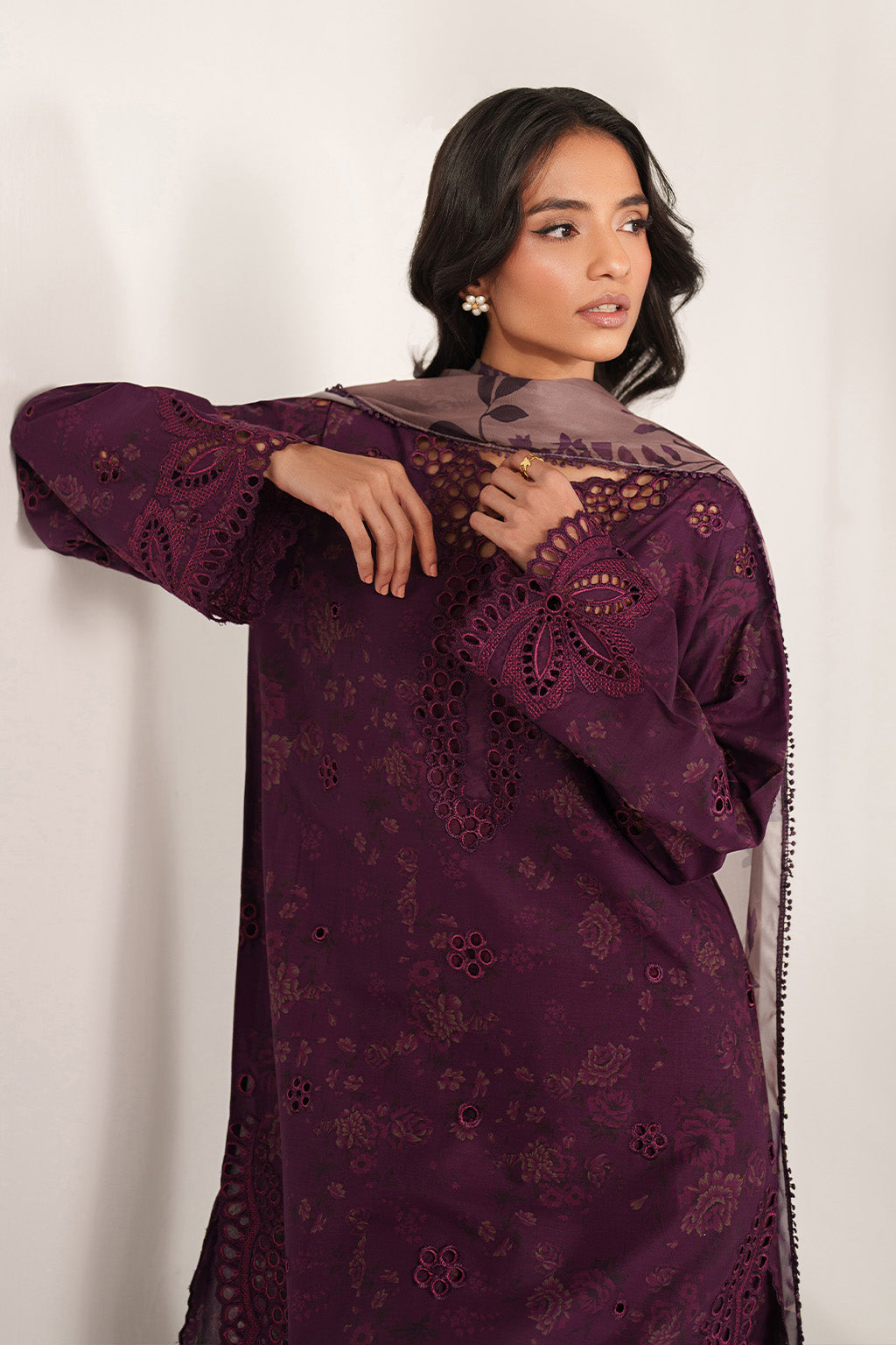 IZNIK-3PC LAWN CHIKANKARI EMB PRINTED SHIRT WITH SILK PRINTED DUPATTA AND PRINTED TROUSER-BIC-020