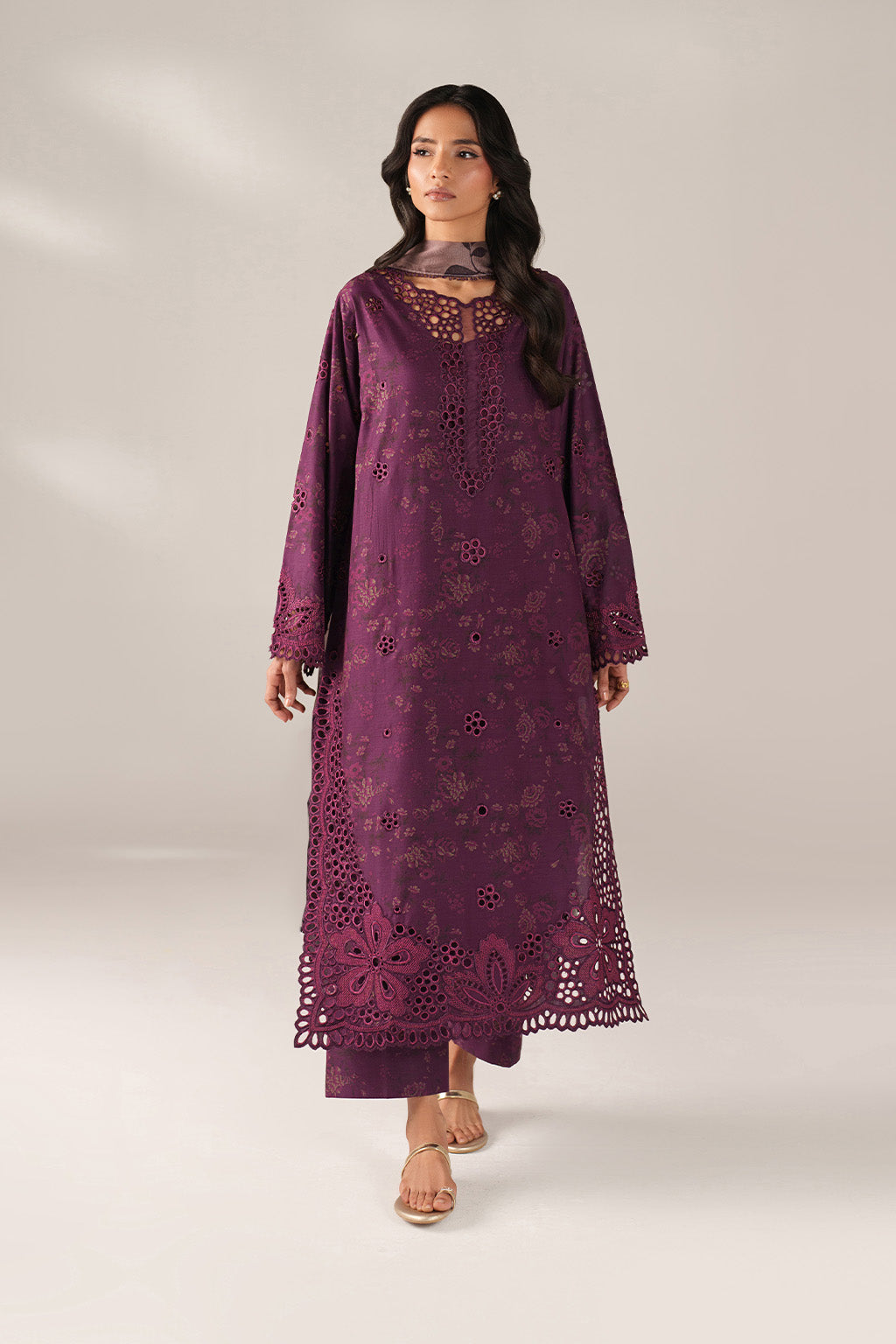 IZNIK-3PC LAWN CHIKANKARI EMB PRINTED SHIRT WITH SILK PRINTED DUPATTA AND PRINTED TROUSER-BIC-020