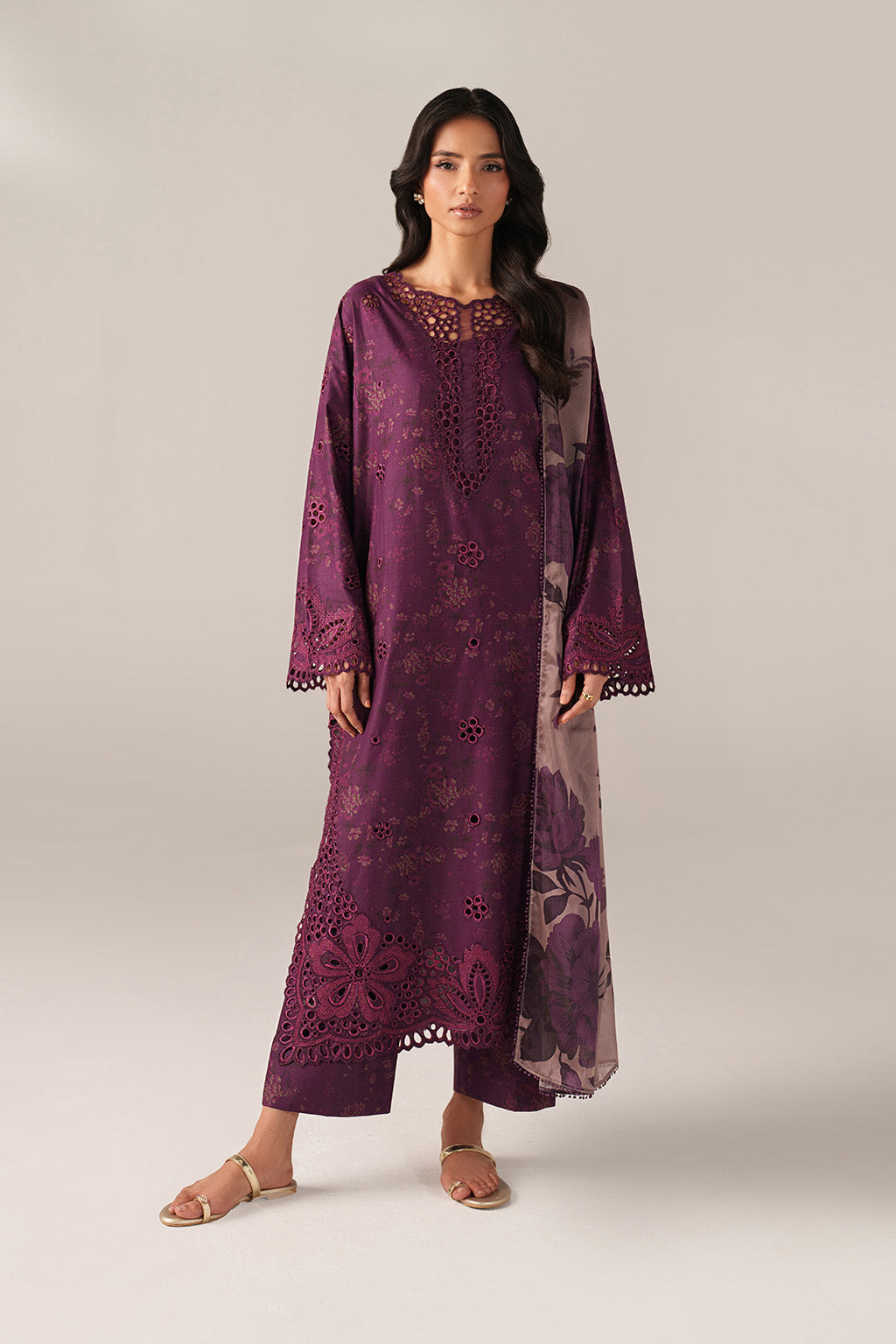 IZNIK-3PC LAWN CHIKANKARI EMB PRINTED SHIRT WITH SILK PRINTED DUPATTA AND PRINTED TROUSER-BIC-020