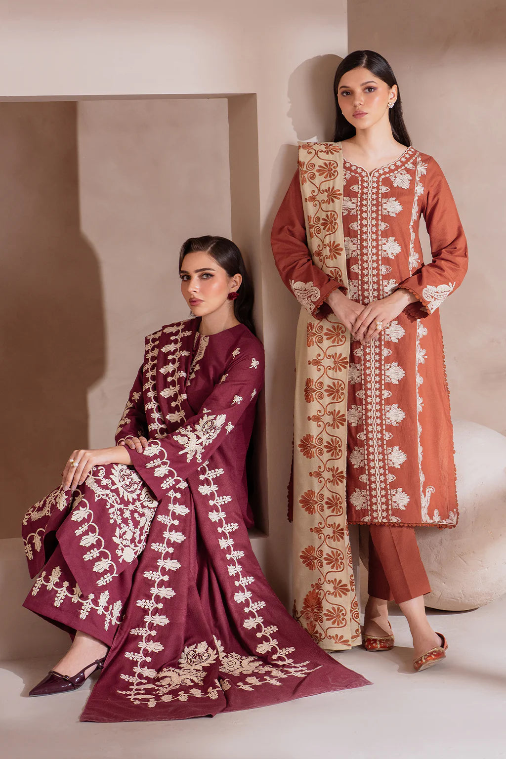 IZNIK-3PC DHANAK EMBROIDERED SHIRT WITH DHANAK EMBROIDERED SHAWL & TROUSER-BIC-3388