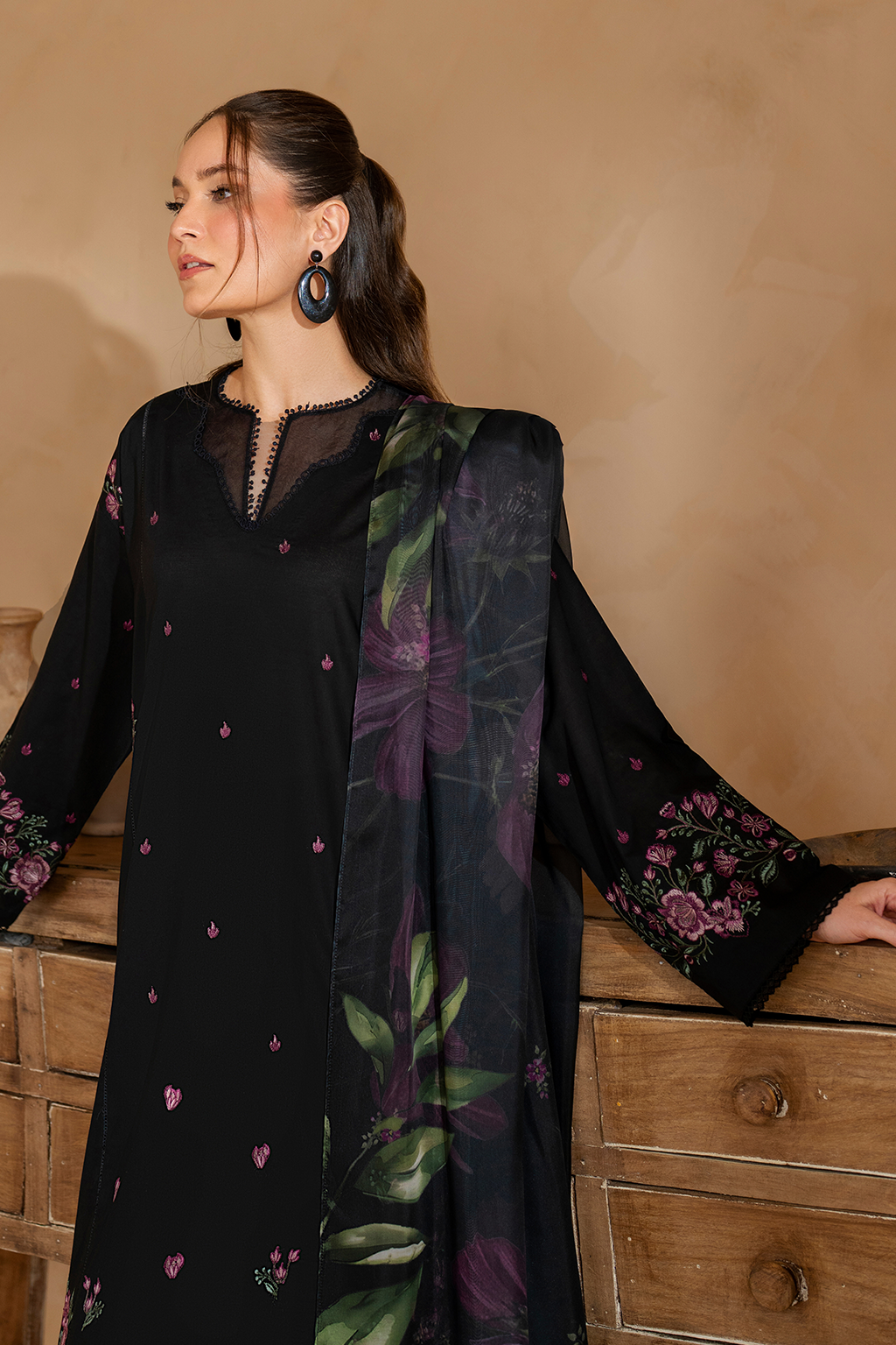 IZNIK-3PC DHANAK EMBROIDERED SHIRT WITH COUTRAI PRINTED SHAWL AND EMB TROUSER-BIC-5147